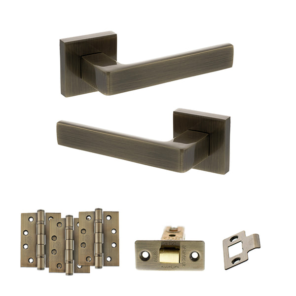 STATUS Montana Door Handle Pack (Latch Set - 3" CE Latch, 4" Fire Rated Hinges x3) - Antique Brass - ADPS40SAB4 - Choice Handles