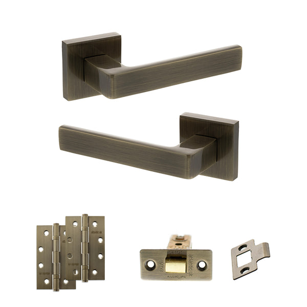 STATUS Montana Door Handle Pack (Latch Set - 3" CE Latch, 4" Slim Knuckle Hinges x2) - Antique Brass - ADPS40SAB6 - Choice Handles