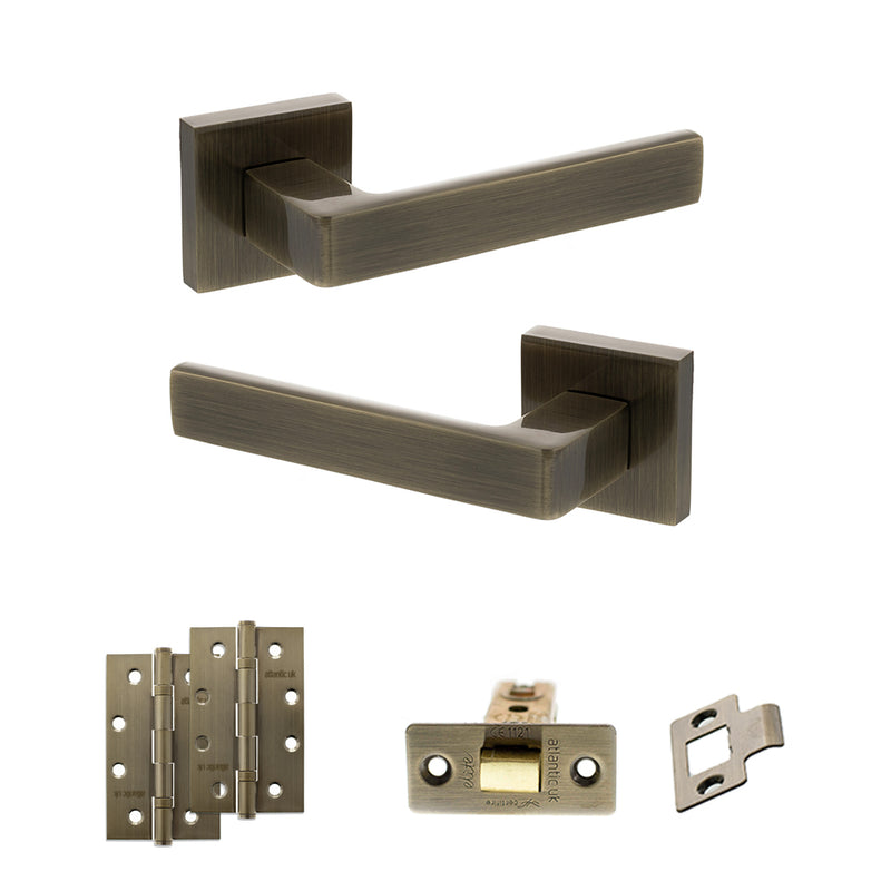 STATUS Montana Door Handle Pack (Latch Set - 3" CE Latch, 4" Slim Knuckle Hinges x2) - Antique Brass - ADPS40SAB6 - Choice Handles