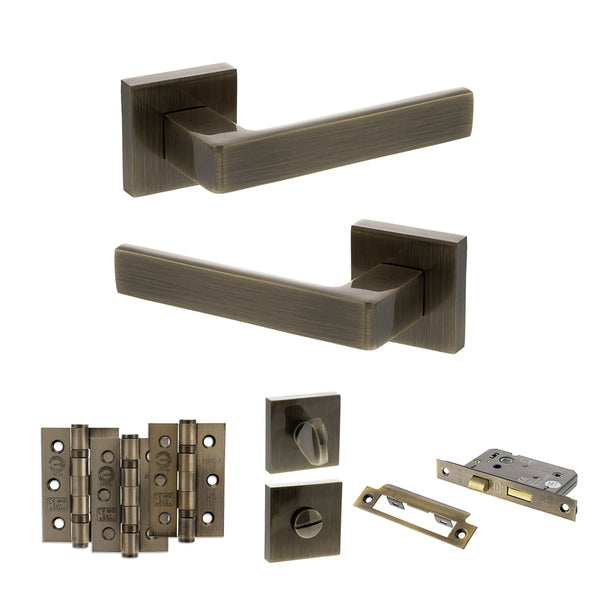 STATUS Montana Door Handle Pack (Bathroom Set - 3" CE Bathroom Lock, 3" Fire Rated Hinges x3) - Antique Brass - ADPS40SAB9 - Choice Handles