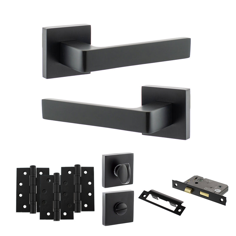 STATUS Montana Door Handle Pack (Bathroom Set - 2.5" CE Bathroom Lock, 4" Fire Rated Hinges x3) - Matt Black - ADPS40SMB10 - Choice Handles