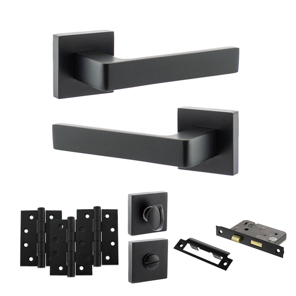 STATUS Montana Door Handle Pack (Bathroom Set - 3" CE Bathroom Lock, 4" Fire Rated Hinges x3) - Matt Black - ADPS40SMB11 - Choice Handles