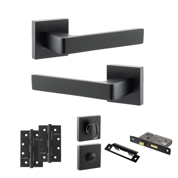 STATUS Montana Door Handle Pack (Bathroom Set - 2.5" CE Bathroom Lock, 4" Slim Knuckle Hinges x2) - Matt Black - ADPS40SMB12