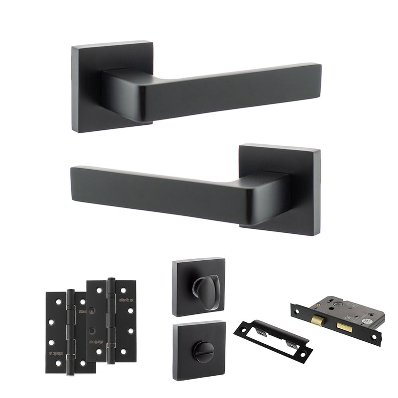 STATUS Montana Door Handle Pack (Bathroom Set - 2.5" CE Bathroom Lock, 4" Slim Knuckle Hinges x2) - Matt Black - ADPS40SMB12