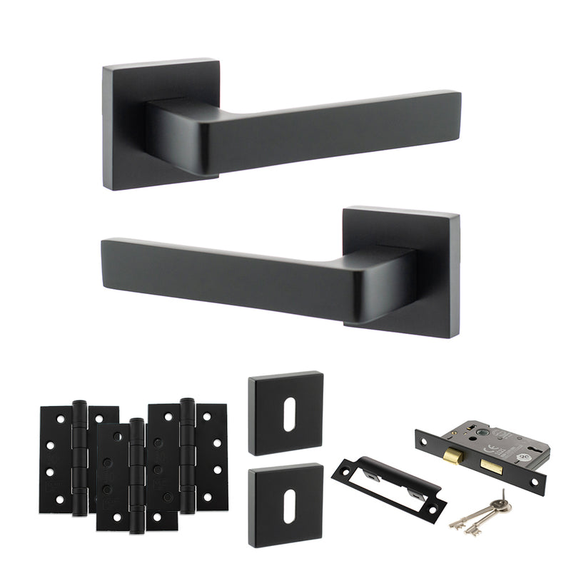 STATUS Montana Door Handle Pack (3 Lever Lock Set - 2.5" CE Sashlock, 4" Fire Rated Hinges x3) - Matt Black - ADPS40SMB16 - Choice Handles