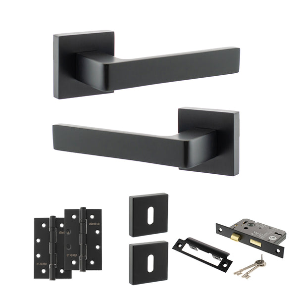 STATUS Montana Door Handle Pack (3 Lever Lock Set - 3" CE Sashlock, 4" Slim Knuckle Hinges x2) - Matt Black - ADPS40SMB19 - Choice Handles