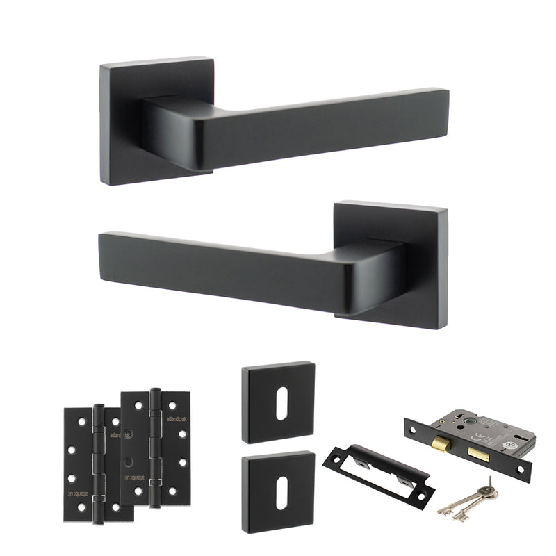 STATUS Montana Door Handle Pack (3 Lever Lock Set - 3" CE Sashlock, 4" Slim Knuckle Hinges x2) - Matt Black - ADPS40SMB19 - Choice Handles