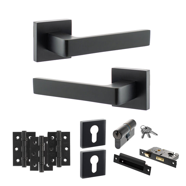 STATUS Montana Door Handle Pack (Euro Lock Set - 3" CE Sashlock, 3" Fire Rated Hinges x3) - Matt Black - ADPS40SMB21 - Choice Handles