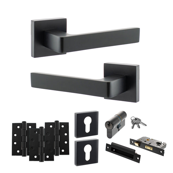 STATUS Montana Door Handle Pack (Euro Lock Set - 3" CE Sashlock, 4" Fire Rated Hinges x3) - Matt Black - ADPS40SMB23 - Choice Handles
