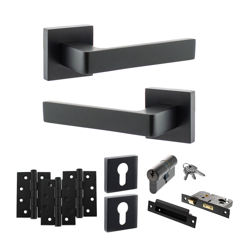 STATUS Montana Door Handle Pack (Euro Lock Set - 3" CE Sashlock, 4" Fire Rated Hinges x3) - Matt Black - ADPS40SMB23 - Choice Handles