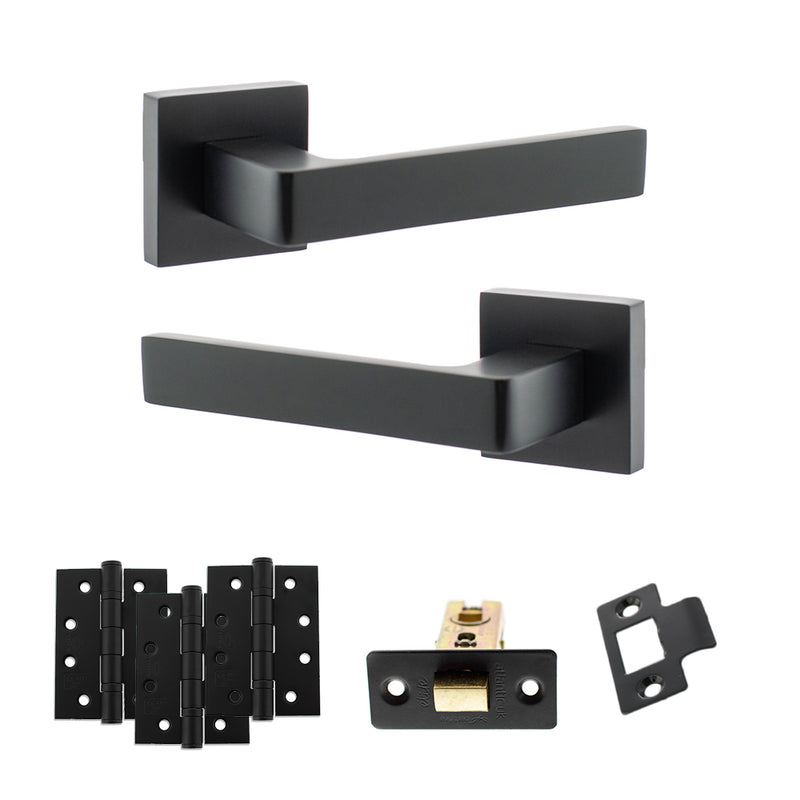 STATUS Montana Door Handle Pack (Latch Set - 3" CE Latch, 4" Fire Rated Hinges x3) - Matt Black - ADPS40SMB4 - Choice Handles