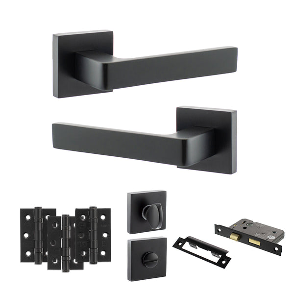 STATUS Montana Door Handle Pack (Bathroom Set - 2.5" CE Bathroom Lock, 3" Fire Rated Hinges x3) - Matt Black - ADPS40SMB8 - Choice Handles