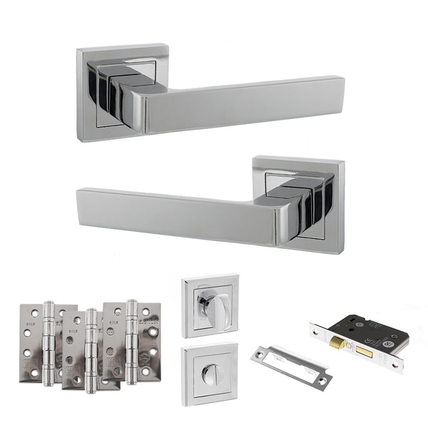STATUS Montana Door Handle Pack (Bathroom Set - 3" CE Bathroom Lock, 4" Fire Rated Hinges x3) - Polished Chrome - ADPS40SPC11 - Choice Handles
