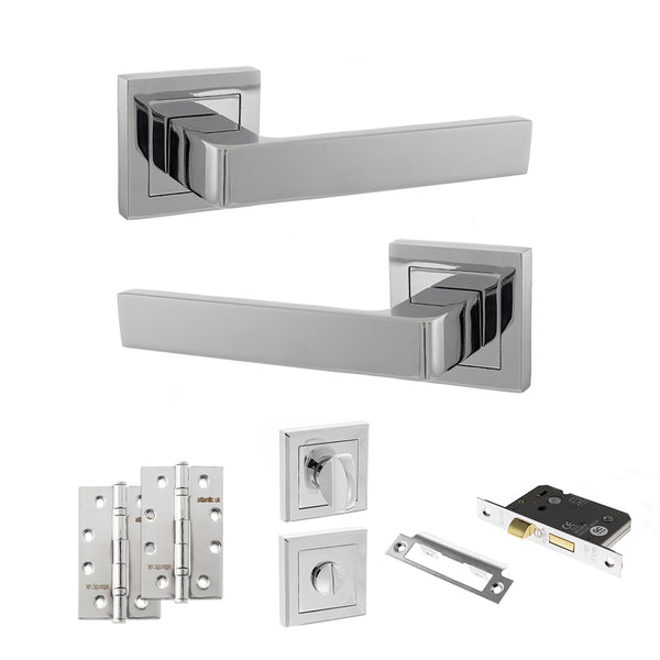 STATUS Montana Door Handle Pack (Bathroom Set - 3" CE Bathroom Lock, 4" Slim Knuckle Hinges x2) - Polished Chrome - ADPS40SPC13 - Choice Handles