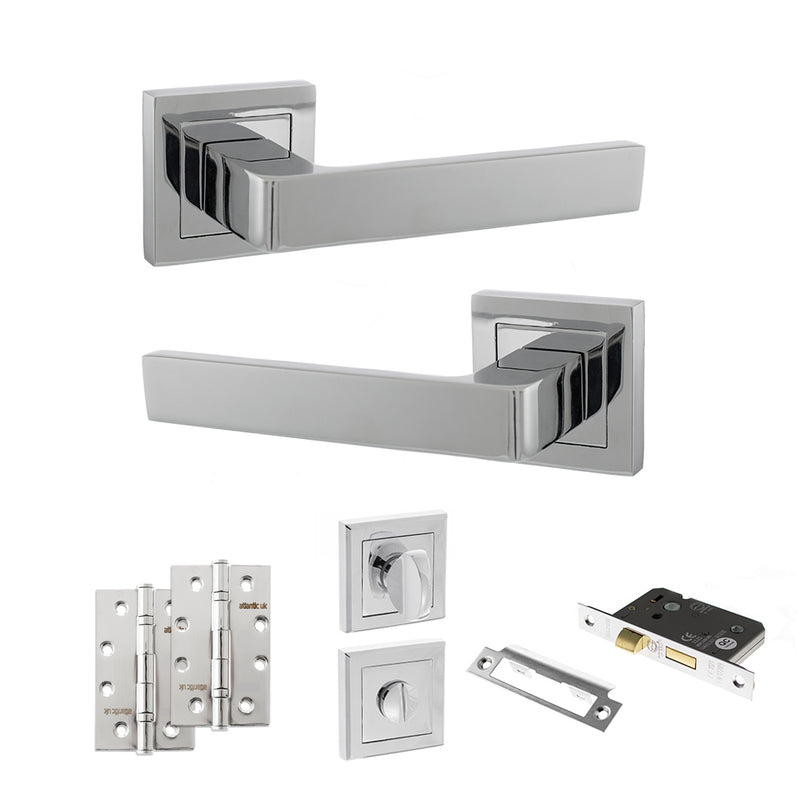 STATUS Montana Door Handle Pack (Bathroom Set - 3" CE Bathroom Lock, 4" Slim Knuckle Hinges x2) - Polished Chrome - ADPS40SPC13 - Choice Handles