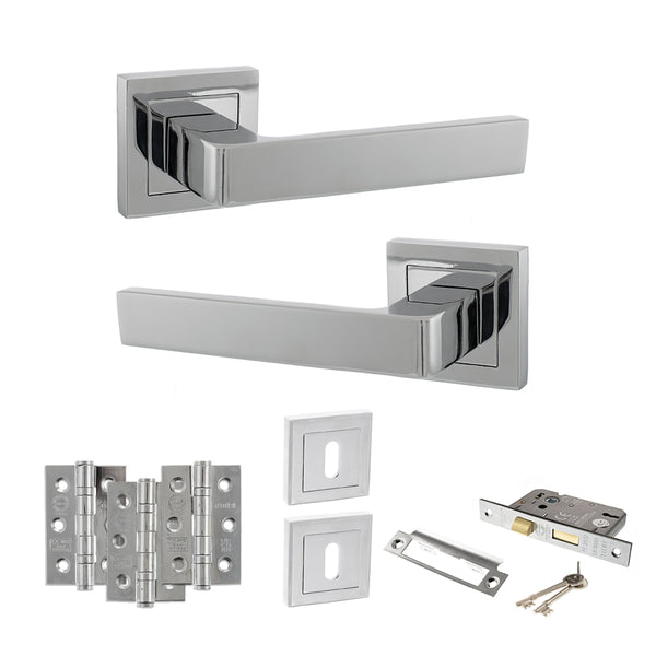 STATUS Montana Door Handle Pack (3 Lever Lock Set - 3" CE Sashlock, 3" Fire Rated Hinges x3) - Polished Chrome - ADPS40SPC15 - Choice Handles