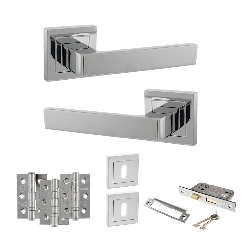 STATUS Montana Door Handle Pack (3 Lever Lock Set - 3" CE Sashlock, 3" Fire Rated Hinges x3) - Polished Chrome - ADPS40SPC15 - Choice Handles