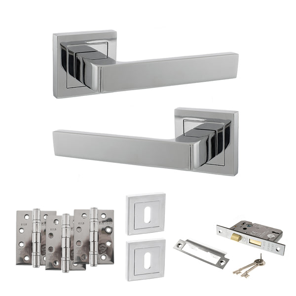 STATUS Montana Door Handle Pack (3 Lever Lock Set - 3" CE Sashlock, 4" Fire Rated Hinges x3) - Polished Chrome - ADPS40SPC17 - Choice Handles