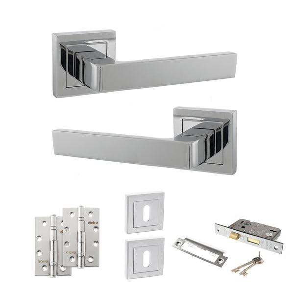 STATUS Montana Door Handle Pack (3 Lever Lock Set - 3" CE Sashlock, 4" Slim Knuckle Hinges x2) - Polished Chrome - ADPS40SPC19 - Choice Handles