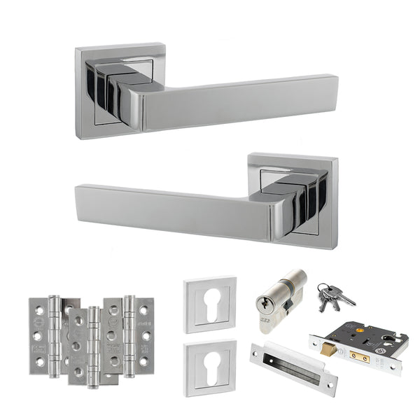 STATUS Montana Door Handle Pack (Euro Lock Set - 3" CE Sashlock, 3" Fire Rated Hinges x3) - Polished Chrome - ADPS40SPC21 - Choice Handles