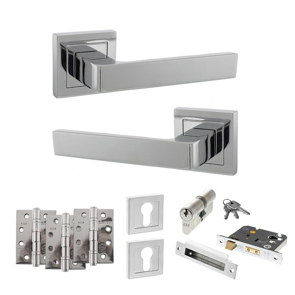 STATUS Montana Door Handle Pack (Euro Lock Set - 3" CE Sashlock, 4" Fire Rated Hinges x3) - Polished Chrome - ADPS40SPC23 - Choice Handles
