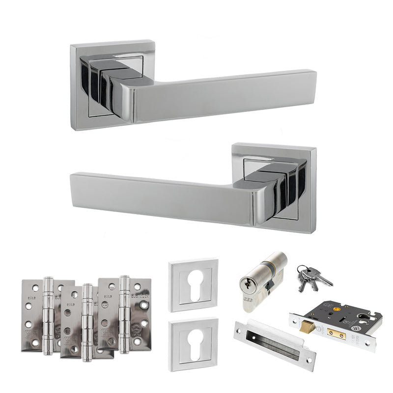 STATUS Montana Door Handle Pack (Euro Lock Set - 3" CE Sashlock, 4" Fire Rated Hinges x3) - Polished Chrome - ADPS40SPC23 - Choice Handles