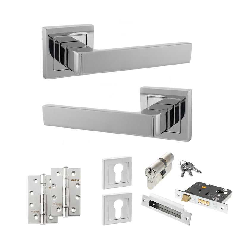 STATUS Montana Door Handle Pack (Euro Lock Set - 2.5" CE Sashlock, 4" Slim Knuckle Hinges x2) - Polished Chrome - ADPS40SPC24 - Choice Handles