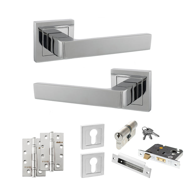STATUS Montana Door Handle Pack (Euro Lock Set - 3" CE Sashlock, 4" Slim Knuckle Hinges x2) - Polished Chrome - ADPS40SPC25 - Choice Handles