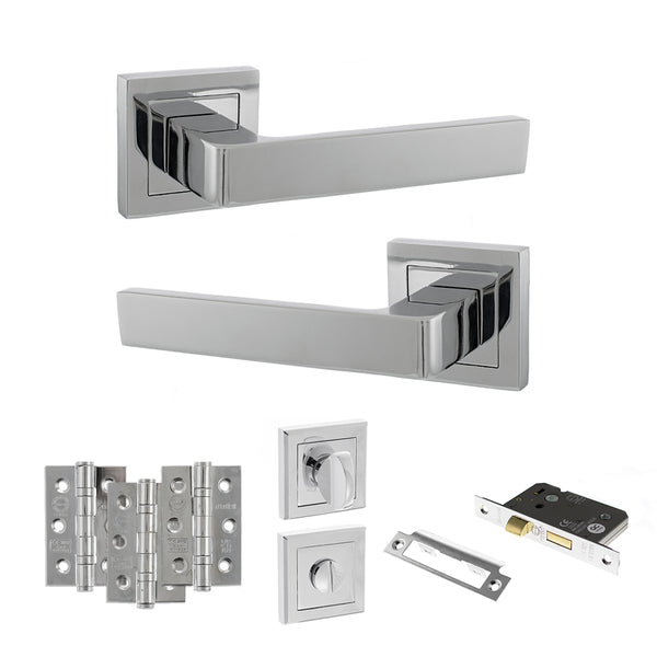 STATUS Montana Door Handle Pack (Bathroom Set - 3" CE Bathroom Lock, 3" Fire Rated Hinges x3) - Polished Chrome - ADPS40SPC9 - Choice Handles
