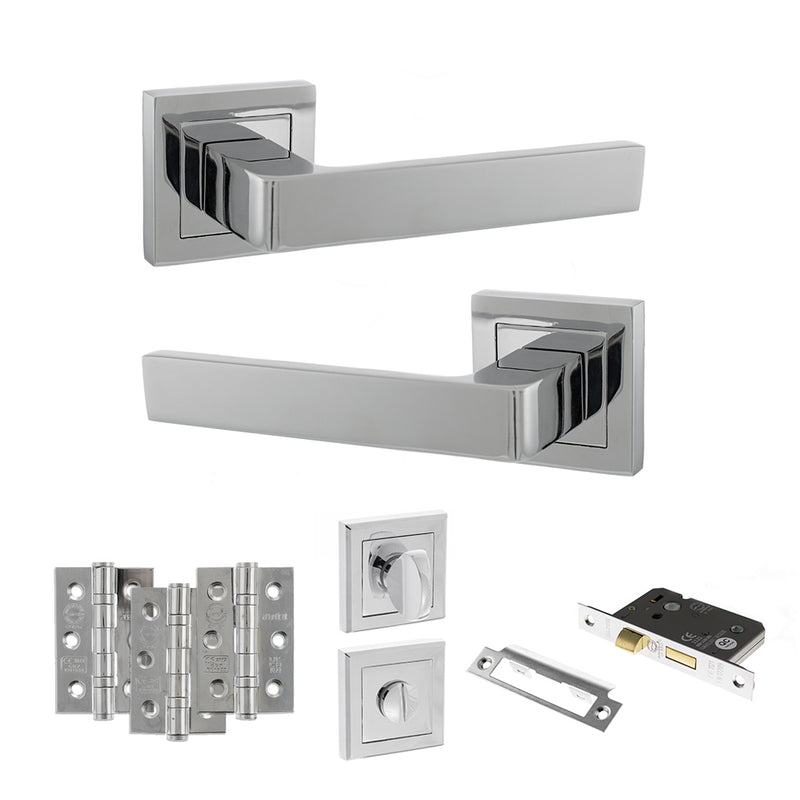 STATUS Montana Door Handle Pack (Bathroom Set - 3" CE Bathroom Lock, 3" Fire Rated Hinges x3) - Polished Chrome - ADPS40SPC9 - Choice Handles