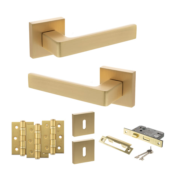 STATUS Montana Door Handle Pack (3 Lever Lock Set - 2.5" CE Sashlock, 3" Fire Rated Hinges x3) - Satin Brass - ADPS40SSB14 - Choice Handles