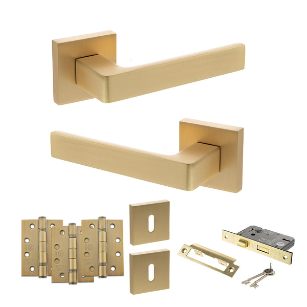 STATUS Montana Door Handle Pack (3 Lever Lock Set - 3" CE Sashlock, 4" Fire Rated Hinges x3) - Satin Brass - ADPS40SSB17 - Choice Handles