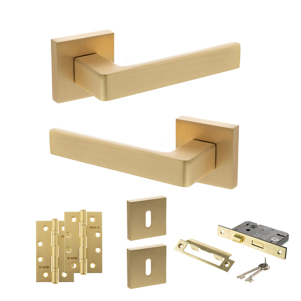 STATUS Montana Door Handle Pack (3 Lever Lock Set - 3" CE Sashlock, 4" Slim Knuckle Hinges x2) - Satin Brass - ADPS40SSB19 - Choice Handles