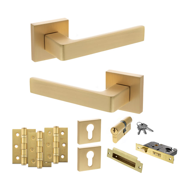 STATUS Montana Door Handle Pack (Euro Lock Set - 3" CE Sashlock, 3" Fire Rated Hinges x3) - Satin Brass - ADPS40SSB21 - Choice Handles