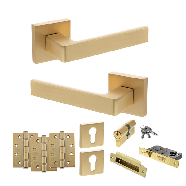 STATUS Montana Door Handle Pack (Euro Lock Set - 3" CE Sashlock, 4" Fire Rated Hinges x3) - Satin Brass - ADPS40SSB23 - Choice Handles