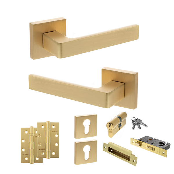 STATUS Montana Door Handle Pack (Euro Lock Set - 2.5" CE Sashlock, 4" Slim Knuckle Hinges x2) - Satin Brass - ADPS40SSB24 - Choice Handles