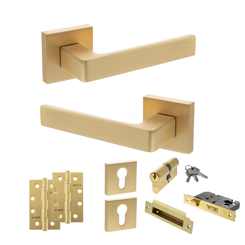 STATUS Montana Door Handle Pack (Euro Lock Set - 2.5" CE Sashlock, 4" Slim Knuckle Hinges x2) - Satin Brass - ADPS40SSB24 - Choice Handles