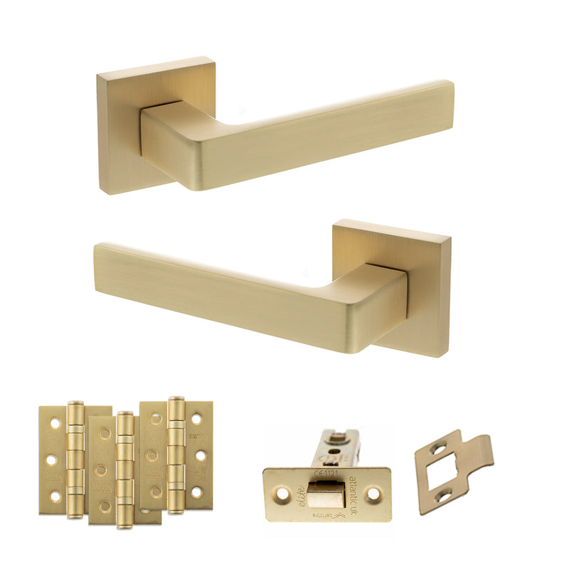 STATUS Montana Door Handle Pack (Latch Set - 3" CE Latch, 3" Fire Rated Hinges x3) - Satin Brass - ADPS40SSB2 - Choice Handles