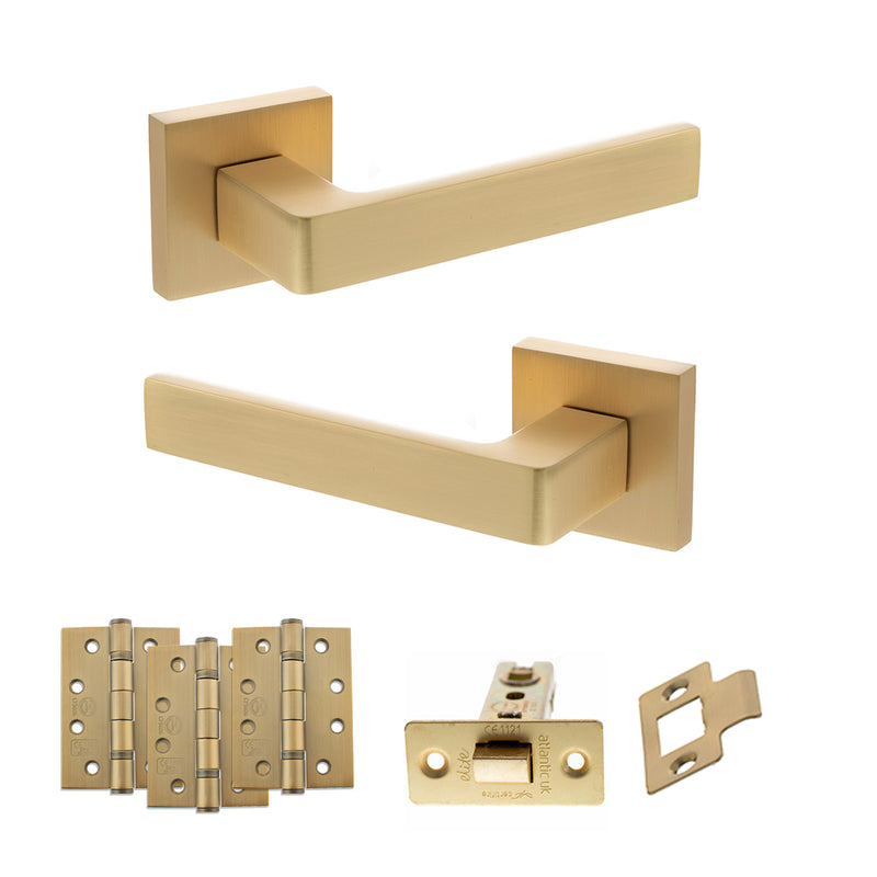 STATUS Montana Door Handle Pack (Latch Set - 3" CE Latch, 4" Fire Rated Hinges x3) - Satin Brass - ADPS40SSB4 - Choice Handles
