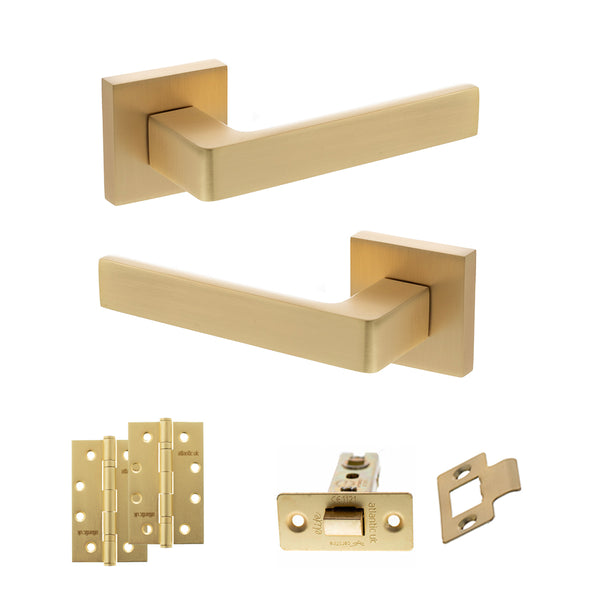 STATUS Montana Door Handle Pack (Latch Set - 3" CE Latch, 4" Slim Knuckle Hinges x2) - Satin Brass - ADPS40SSB6 - Choice Handles