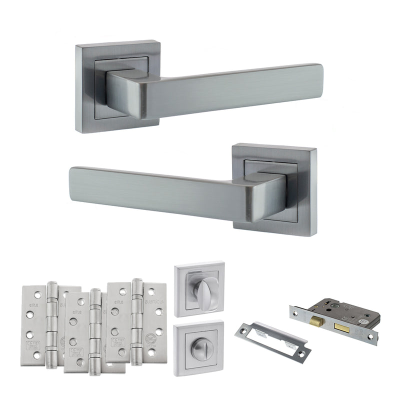 STATUS Montana Door Handle Pack (Bathroom Set - 3" CE Bathroom Lock, 4" Fire Rated Hinges x3) - Satin Chrome - ADPS40SSC11 - Choice Handles