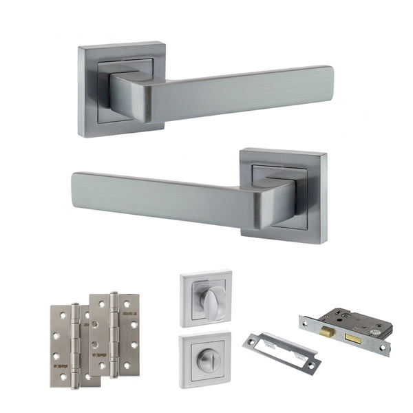 STATUS Montana Door Handle Pack (Bathroom Set - 2.5" CE Bathroom Lock, 4" Slim Knuckle Hinges x2) - Satin Chrome - ADPS40SSC12 - Choice Handles