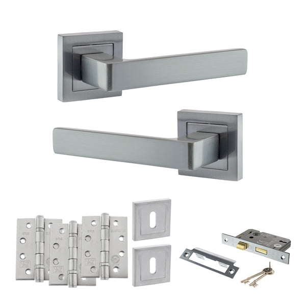 STATUS Montana Door Handle Pack (3 Lever Lock Set - 3" CE Sashlock, 4" Fire Rated Hinges x3) - Satin Chrome - ADPS40SSC17 - Choice Handles