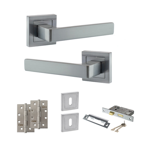 STATUS Montana Door Handle Pack (3 Lever Lock Set - 3" CE Sashlock, 4" Slim Knuckle Hinges x2) - Satin Chrome - ADPS40SSC19 - Choice Handles