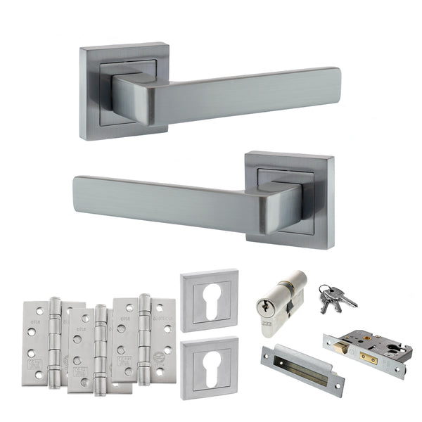 STATUS Montana Door Handle Pack (Euro Lock Set - 3" CE Sashlock, 4" Fire Rated Hinges x3) - Satin Chrome - ADPS40SSC23 - Choice Handles