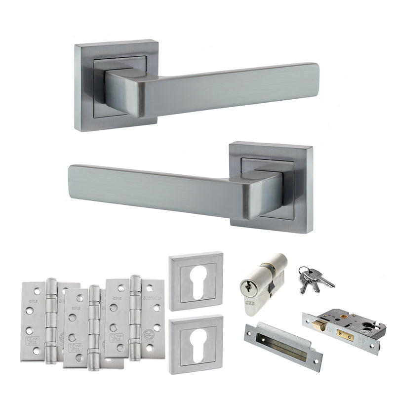 STATUS Montana Door Handle Pack (Euro Lock Set - 3" CE Sashlock, 4" Fire Rated Hinges x3) - Satin Chrome - ADPS40SSC23 - Choice Handles