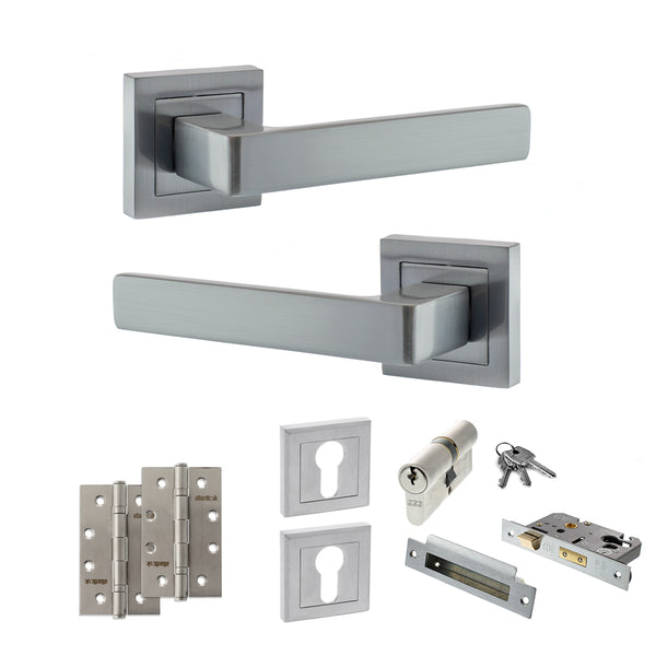 STATUS Montana Door Handle Pack (Euro Lock Set - 3" CE Sashlock, 4" Slim Knuckle Hinges x2) - Satin Chrome - ADPS40SSC25 - Choice Handles