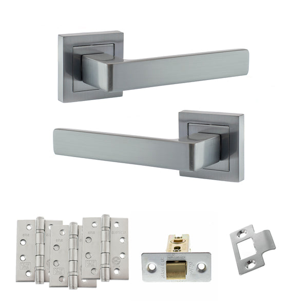 STATUS Montana Door Handle Pack (Latch Set - 3" CE Latch, 4" Fire Rated Hinges x3) - Satin Chrome - ADPS40SSC4 - Choice Handles