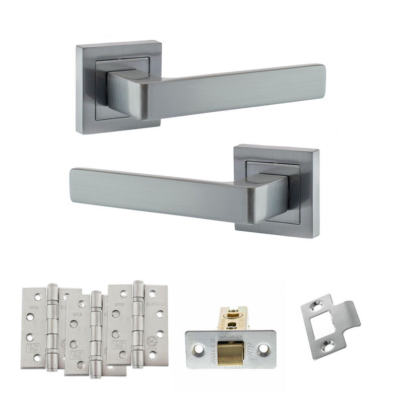 STATUS Montana Door Handle Pack (Latch Set - 3" CE Latch, 4" Fire Rated Hinges x3) - Satin Chrome - ADPS40SSC4 - Choice Handles