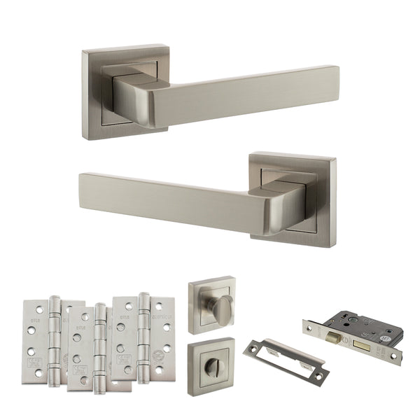 STATUS Montana Door Handle Pack (Bathroom Set - 2.5" CE Bathroom Lock, 4" Fire Rated Hinges x3) - Satin Nickel - ADPS40SSN10